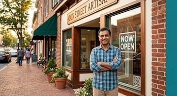 Business owner with Now Open sign